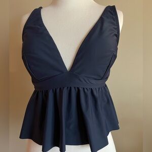 NWT Cupshe Navy Blue Low V Ruffle Flounce Tankini Top Size OX